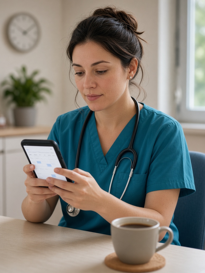 Mitarbeitende prüft den Schichtplan auf dem Smartphone